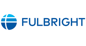 The word FULBRIGHT in blue letters with a white background & a blue globe