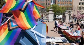 Rainbow flags on Kogan Plaza