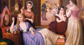 19th century painting of several society women in period dress in a parlor