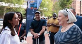 President Ellen M. Granberg and Vice Provost and Dean of Students Colette Coleman meet with first-year students and families moving into Thurston Hall on Friday morning.