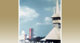 The traditional wooden Romanian church that anchored "Gateways to Romania" at the 1999 Smithsonian Folklife Festival. (Courtesy Eliot Sorel)
