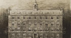 An old black and white sketch of Corcoran Hall circa 1923