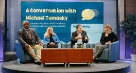 Left to right: Jesse J. Holland, Jeanne Cummings, Michael Tomasky and Lydie Lake discuss the future of journalism at SMPA. (Jordan Tovin/GW Today)