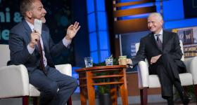 Chuck Todd, left, and Jon Meacham discussed the upcoming election at Jack Morton Auditorium