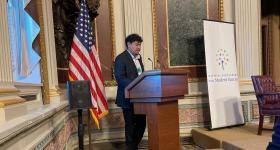 Person at podium of Indian Treaty Room in White House