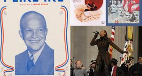 Photo montage showing sheet music and record sleeve illustrations of campaign songs and Beyoncé performing at Obama's inaugural in 2009.