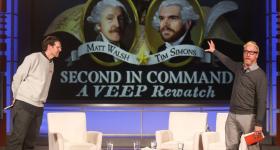 Tim Simons, left, and Matt Walsh, engaged frequently with the audience during the live recording of their podcast, Second in Command, on Oct. 15 at Jack Morton Auditorium. 