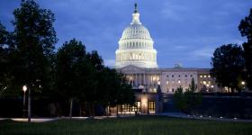 U.S. Capitol viewed from a distance at evening
