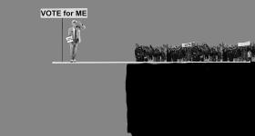 a gray illustration of a man on a platform over a cliff with a sign that reads "vote for me."