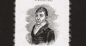 Ribbon from 1824 with an engraving of the Marquis de Lafayette reading "Welcome La Fayette"