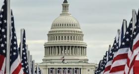 The dome of the U.S. Capitol rises in the sky above two converging rows of American flags