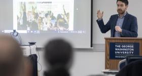 CCAS Assistant Professor of Geography Declan Cullen led participants through a mapping exercise he uses with his students. (Lily Speredelozzi/GW Today)