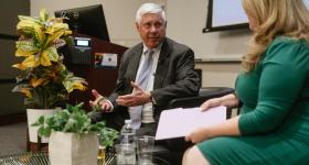 Former Congressman Fred Upton talks with GW's Lesley Lopez.