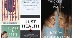 Collage of book covers, clockwise from upper left: "Freeman's Challenge," "Gendered Citizenship," "Thicker than Water," "Just Health," "Season to Taste."
