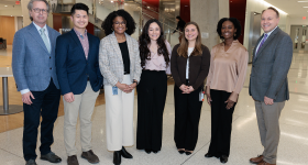 From left: CCAS Associate Dean for Graduate Studies Chad Heap with Bouchet inductees Jonathan M. Huie, Kailyn Price, Tatiana Ruiz, Ashley Bastin, Jasmine Charter-Harris and CCAS Dean Paul Wahlbeck.