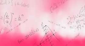 Pink illustration of a math equation on a board