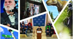 Collage of images from 2021-2025 stories including José Andrés, a dinosaur, Thurston Hall and Pres. Granberg's investiture