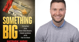 The book cover for Something Big on the left and a portrait of alumnus Patrick Wohl on the right.