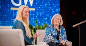 Alumna Carrie Potter, left, and President Ellen Granberg