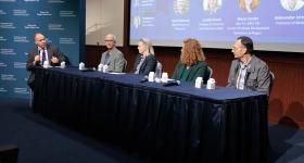 Panel with CCAS Dean Paul Wahlbeck, Elton Professor of Philosophy David DeGrazia, Chemistry Professor Cynthia Dowd, alumna Sheryl Jacobs and Biology Professor Aleksandar Jeremic.