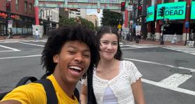 First-year students Bradley Fowler and Jocelyn Graham on a Chinatown street.