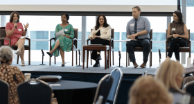 Teaching Day panel, from left: Daphna Atias, Elizabeth Chacko, Kavita Daiya, Jacob Richter and Amy-Leah Joaquim