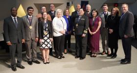GW President Ellen Granberg with 2025 Arthur S. Flemming Award winners, sponsors and guest, including (from right) CCAS Dean Paul Wahlbeck and TSPPPA Director Kathryn Newcomer. 
