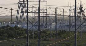 Aerial view of high voltage power lines. 