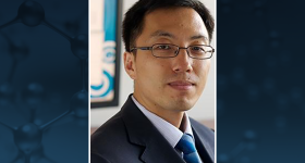 Photo of Tianshu Li on a blue background showing an illustration of molecular structure